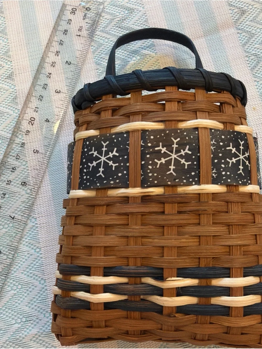 Woven Brown & Black Wall Pocket Basket Bag with Snowflake Accent